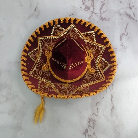 Vintage Pigalle Sombrero Mexican Hat Red Gold Sequin Velvet Yellow - Picture 6 of 13